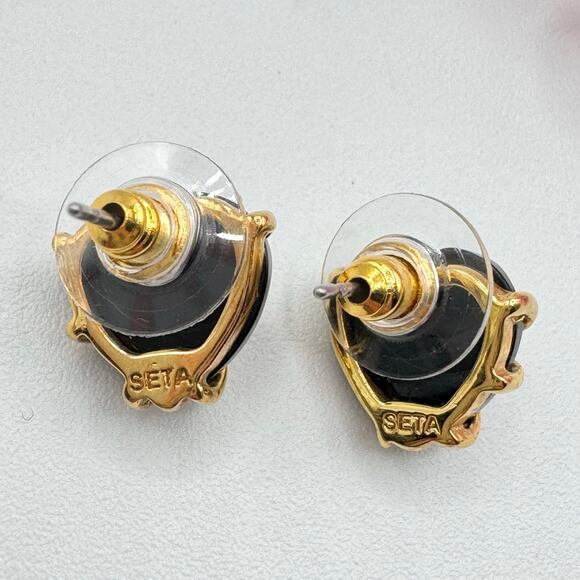 SETA Black Faceted Heart Earrings Gold Tone Cage Rhinestone Studs Gift Signed - Picture 7 of 11